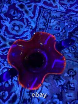Impressionnant Rare Vase en Verre d'Art Tchèque Tango Art Déco Rouge Bleu Vaseline à Double Anse