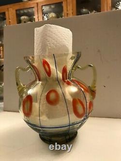 Kralik Uranium Art Verre Art Déco/nouveau Double Poignée Vase Lines & Canes