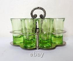 Magnifique porte-bouteilles Art Déco en argent plaqué avec verres à liqueur verts - Service de bar