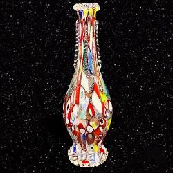 Murano Art Glass Millefiori Vase De Bouteille Coloré Poignées Appliquées 12t 3w