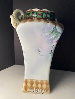 Noritake Nippon Art Déco Main Peinte Et Émaillée Poignée D'or Vase Floral