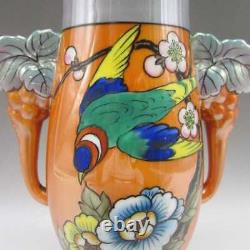 Old Noritake Art Deco Flower And Bird Sentence Vase Avec Poignée De Raisin U4574