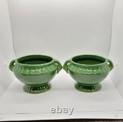 Paire De Vases Vintage Vert Double Poignée Art Deco Fredericksburg Art Pottery