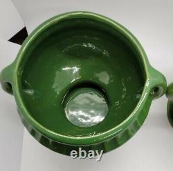 Paire De Vases Vintage Vert Double Poignée Art Deco Fredericksburg Art Pottery