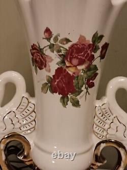 Paire de lampes Art Deco Worrall avec motifs de roses victoriennes, poignées de cygne, bordure dorée 17 X 8