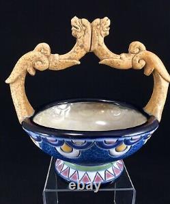 Panier Art Deco Bohème Tchèque Amphora Majolica Avec Poignée De Dragon Sculptural