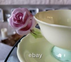Paragon Pink Rose Handle Bone China Footed Tea Cup Soucoupe Yellow Vintage No Box