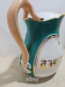 Pichet en porcelaine ancienne de PARIS Teal & Gold Deco mcm Poignée en majolique ART