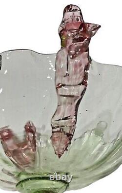 Plat à sel ouvert VTG en verre d'art avec des poignées de dauphin appliquées vert rose