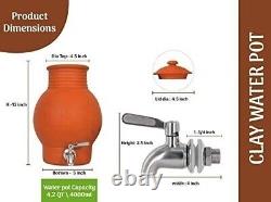 Pot D'eau D'argile Avec Couvercle, Tasse Et Robinet -4000ml Distributeur D'eau Terra Cotta
