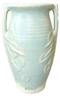 Poterie Art Déco McCoy en Aqua Mat 14 1/2' Vase de Sol à Deux Poignées en Forme de Dollar des Sables