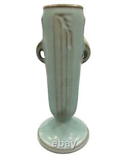 Poterie Roseville Moderne 790-7 Vase à bourgeon Art Déco bleu-vert mat avec 2 poignées en forme d'oreille