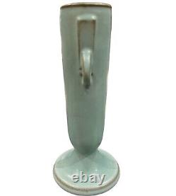 Poterie Roseville Moderne 790-7 Vase à bourgeon Art Déco bleu-vert mat avec 2 poignées en forme d'oreille