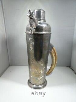 Rare Anglais Art Déco Silverplate Cocktail Shaker Avec Poignée Tusk Faux