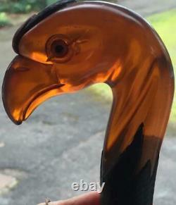 Rare Vintage Art Deco Ambre Bakelite Phoenix Bird Poignée De Bâton De Marche