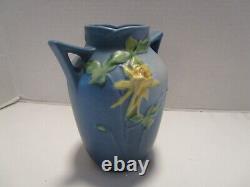 Roseville Poterie Columbine 14-6 Vase Bleu Double Main 6,5 H 1940s Art Déco