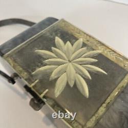 Sac à main vintage en lucite gris marbré avec 2 poignées et couvercle transparent gravé de fleurs des années 1950