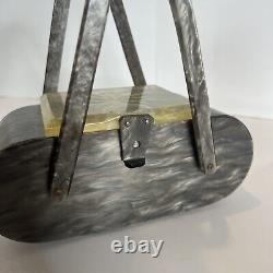 Sac à main vintage en lucite gris marbré avec 2 poignées et couvercle transparent gravé de fleurs des années 1950