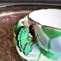 Tasse à thé Art Déco Aynsley avec poignée en forme de papillon verte et blanche RARE, soucoupe et assiette d'accompagnement.