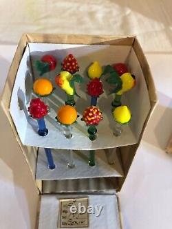 Tchécoslovaquie Art Glass Cocktail Olive Pick Set-art Deco-fruit Handles-orig Box