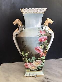 Unique Antique Peint Roses Vase Oiseau Poignées Dragon Or Art Nouveau Art Déco