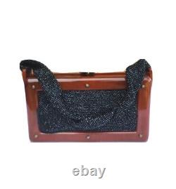 VTG 40s Brown BAKELITE Box Handbag Black Glass Beads Braided Handle Art Deco 
	<br/>	 

<br/>
Traduction en français : Sac à main en boîte BAKELITE marron des années 40 avec perles en verre noir et poignée tressée de style Art Déco