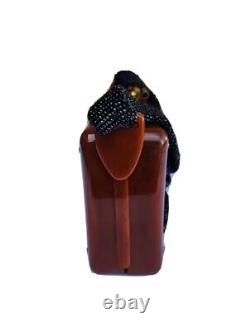 VTG 40s Brown BAKELITE Box Handbag Black Glass Beads Braided Handle Art Deco<br/> <br/>Traduction en français : Sac à main en boîte BAKELITE marron des années 40 avec perles en verre noir et poignée tressée de style Art Déco