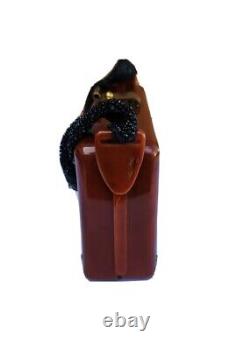 VTG 40s Brown BAKELITE Box Handbag Black Glass Beads Braided Handle Art Deco<br/><br/>
Traduction en français : Sac à main en boîte BAKELITE marron des années 40 avec perles en verre noir et poignée tressée de style Art Déco