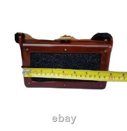 VTG 40s Brown BAKELITE Box Handbag Black Glass Beads Braided Handle Art Deco<br/><br/>	Traduction en français : Sac à main en boîte BAKELITE marron des années 40 avec perles en verre noir et poignée tressée de style Art Déco