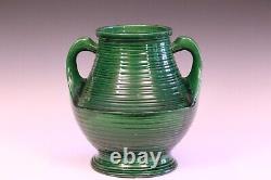 Vase Antique De Poterie Awaji Art Deco Swirl Vert Grandes Poignées Monochromes 12