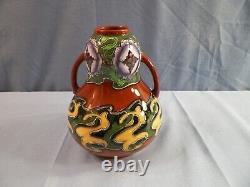 Vase Art Déco Vintage Shelley Foley Intarsio Marron Vert Jaune à Anses