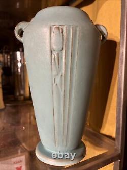 Vase Art Déco de Roseville de 1936 Bleu Vintage à Double Anse 797-8 en Poterie Florale Moderne