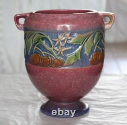 Vase Roseville Pottery Baneda Rose 7, rose, style Art Déco des années 1930, artisanat d'art, citrouille à poignées.