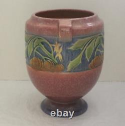 Vase Roseville Pottery Baneda Rose 7, rose, style Art Déco des années 1930, artisanat d'art, citrouille à poignées.