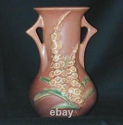 Vase Roseville Pottery à digitales avec poignées de style Art Déco - Magnifique rose doux.