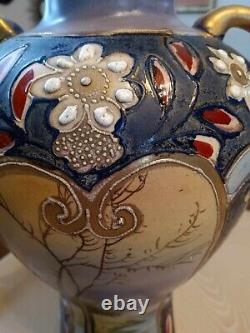 Vase Satsuma Art Déco Nouveau à double poignée de 16,5 pouces avec Moriage et peint à la main