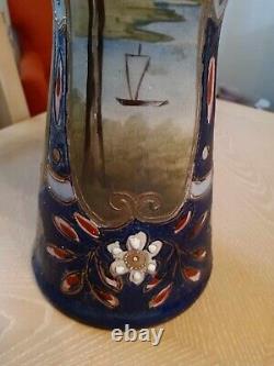 Vase Satsuma Art Déco Nouveau à double poignée de 16,5 pouces avec Moriage et peint à la main