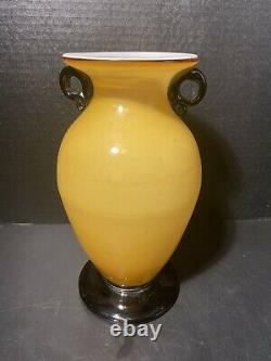 Vase Vintage Jaune Venini Murano Avec Poignées Noires