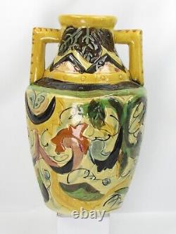Vase à double anse en céramique japonaise AWAJI Ware Art Déco abstrait vintage 1922-1939