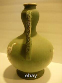 Vase à double anse en céramique vert doré asiatique vintage, style Art Déco, 13 pouces