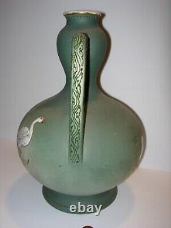 Vase à double anse en céramique vert doré asiatique vintage, style Art Déco, 13 pouces