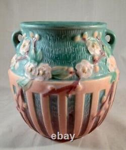 Vase à poignées en céramique d'art de Roseville avec motif de fleurs de cerisier bleues - Jardinière Art Déco 619