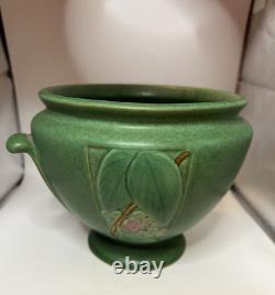 Vase bol Weller VELVA avec poignées vert avec feuilles florales Art Déco 5 Nice