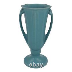 Vase en céramique Art Déco vintage Roseville Russco Blue 1934 avec poignées 696-8