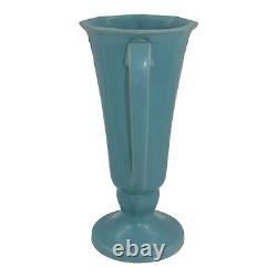 Vase en céramique Art Déco vintage Roseville Russco Blue 1934 avec poignées 696-8