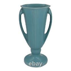 Vase en céramique Art Déco vintage Roseville Russco Blue 1934 avec poignées 696-8