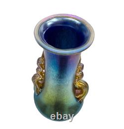 Vase en verre d'art iridescent bleu cobalt Loetz Art Deco Norma avec poignées appliquées