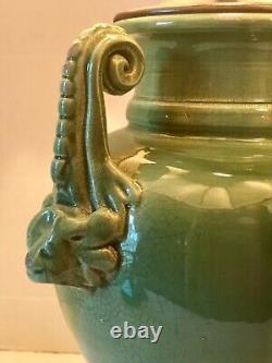 Vieille Lampe En Céramique Art Déco Ram's Head Poignées & Vintage Silk Shade 32 H