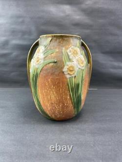 Vieille Roseville Jonquil Pottery Lilly Flower Vase Poignées 7.75 Art Déco