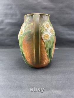 Vieille Roseville Jonquil Pottery Lilly Flower Vase Poignées 7.75 Art Déco